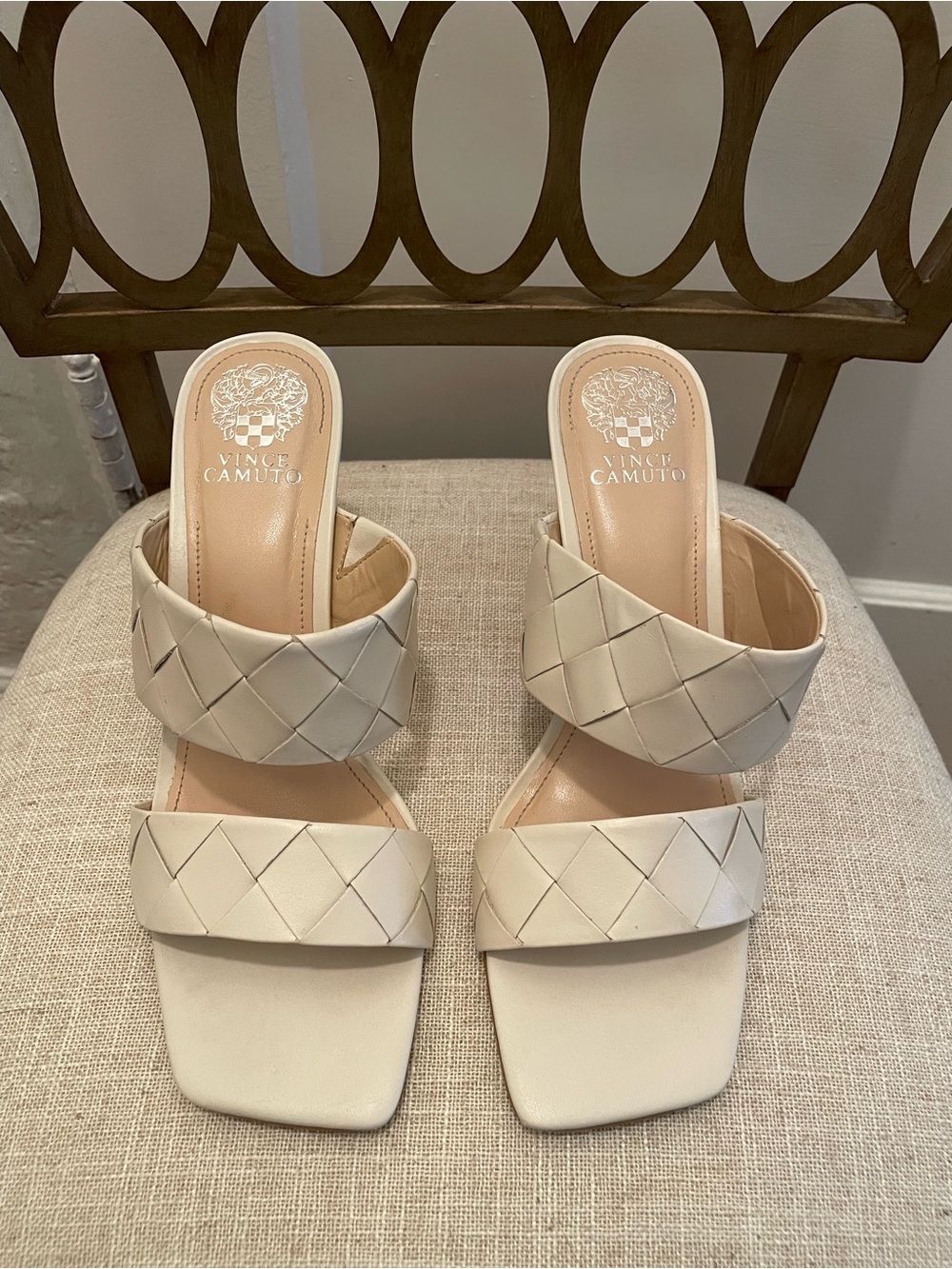 Vince Camuto Cream Woven Double-Strap Slide Mules